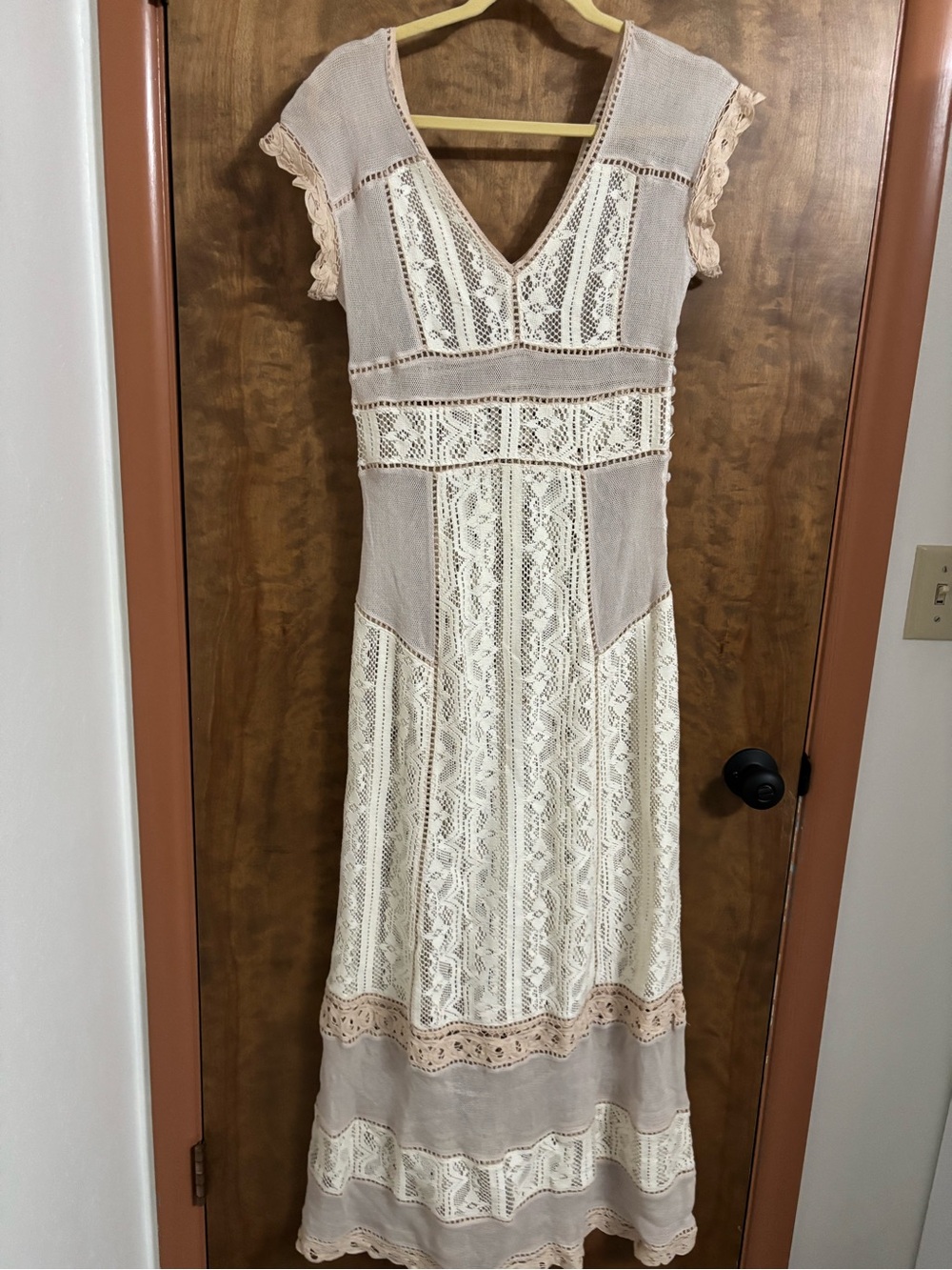 Free People Boho Lace Panel Maxi Dress in Beige and Cream Sheer